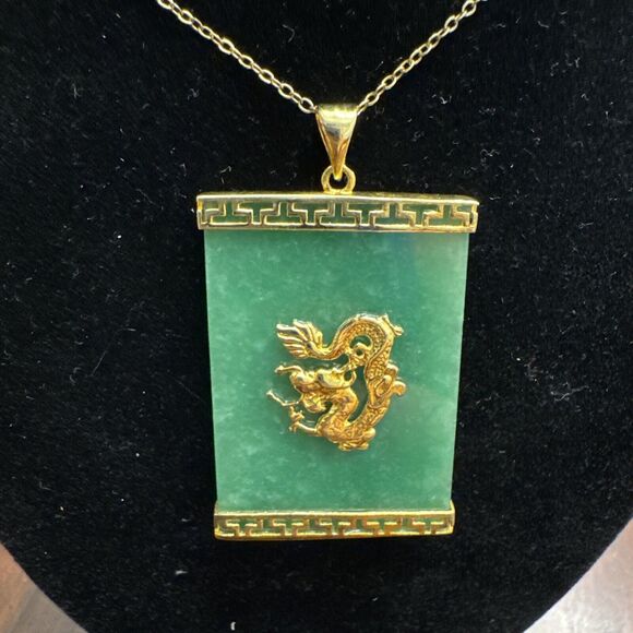 GREEN Tested Jade Square DRAGON Pendant with 20” 925 Gold Chain